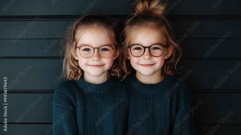 Twin sisters with similar glasses and matching sweaters stand closely, smiling warmly, embodying familial love and connection in a simple yet joyful setting. Twin sisters with similar glasses and matching sweaters stand closely, smiling warmly, embodying familial love and connection in a simple yet joyful setting.