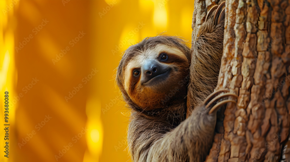 Fototapeta premium Sloth Hanging Onto Tree Branch with Copy Space
