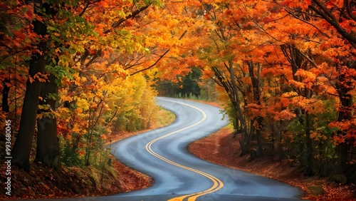 Serpentine road in autumn forest, vibrant fall colors, picturesque scene perfect for calendars