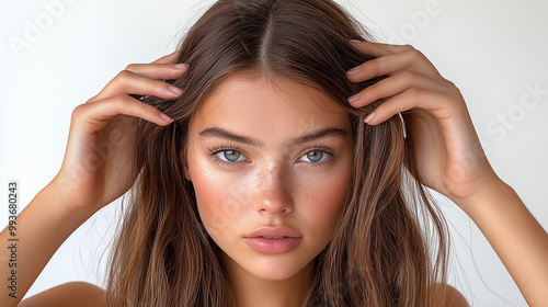 Portrait of a beautiful young woman with brown hair and blue eyes