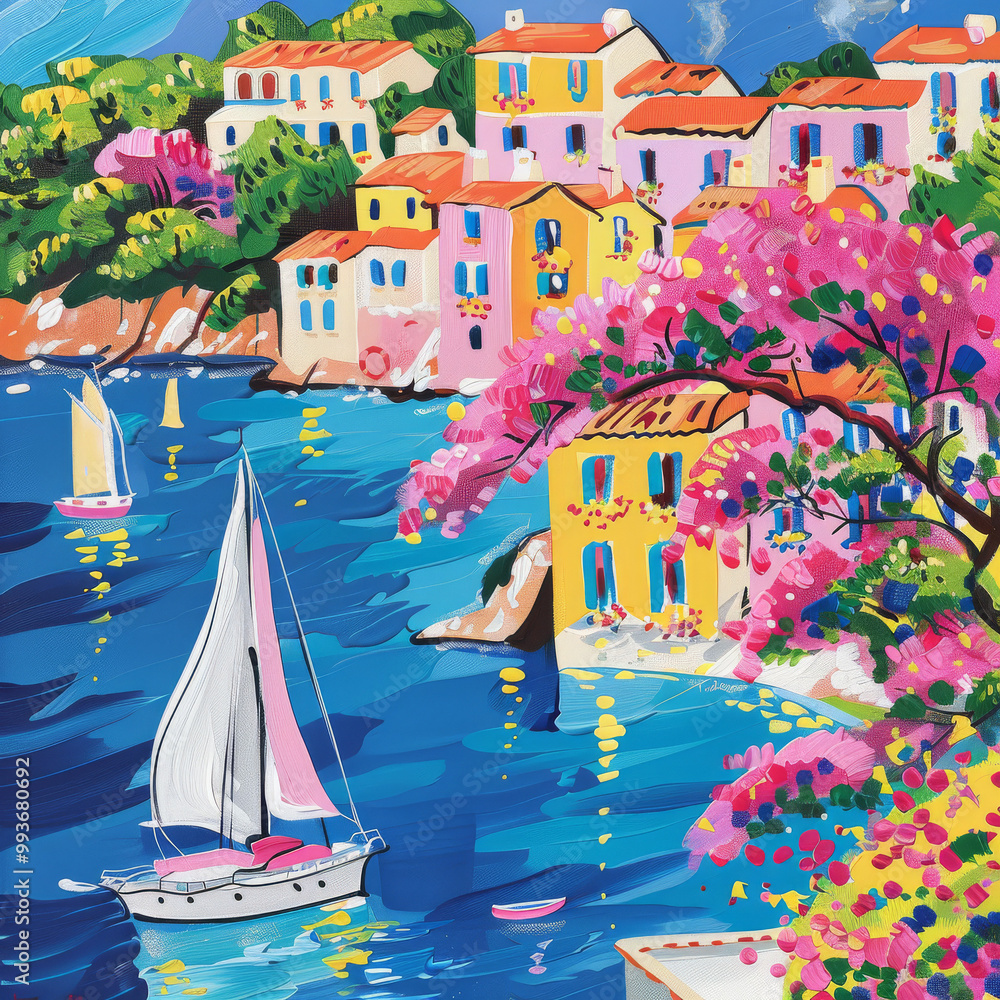 acrylic paint illustration for a children's book, deep paint strokes, france, sailing in the french riviera, colorful buildings, bougainvilleas acrylic paint illustration for a children's book, deep paint strokes, france, sailing in the french riviera, colorful buildings, bougainvilleas