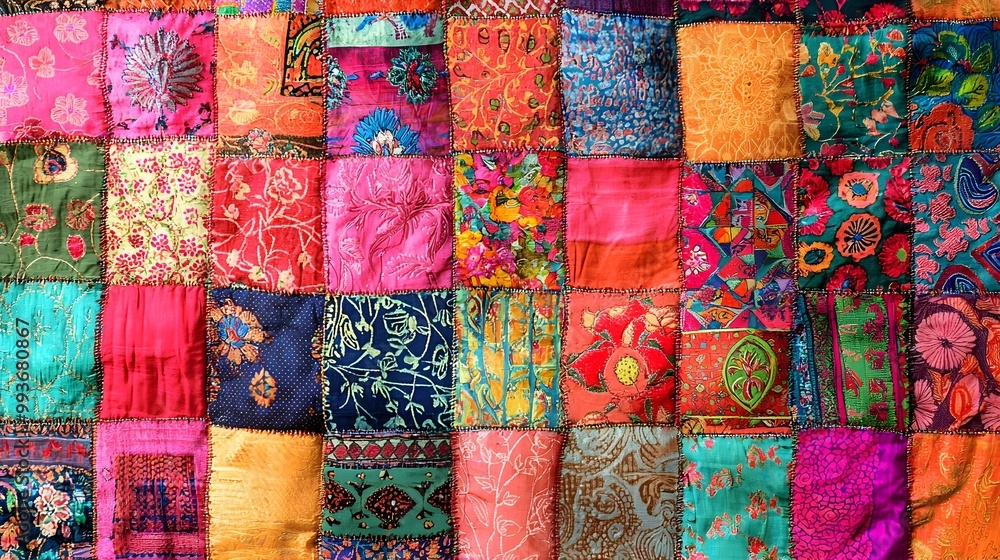 Vibrant Patchwork Fabric of Ornate Indian Textile Design Vibrant Patchwork Fabric of Ornate Indian Textile Design