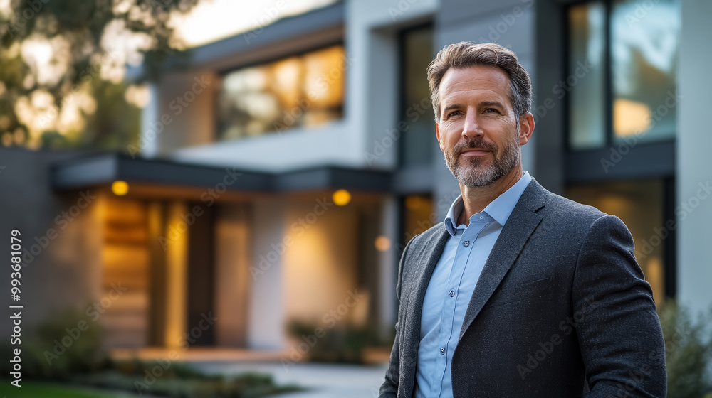 Naklejka premium Confident American man real estate agent standing outside a modern home, radiating expertise and approachability, ready to assist potential house buyers.