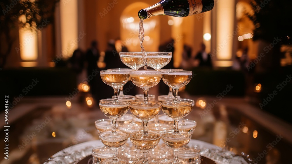 A champagne tower being poured at a glamorous event, with the liquid overflowing from the top glass and cascading down to the rest, surrounded by soft lighting and a chic atmosphere. A champagne tower being poured at a glamorous event, with the liquid overflowing from the top glass and cascading down to the rest, surrounded by soft lighting and a chic atmosphere.