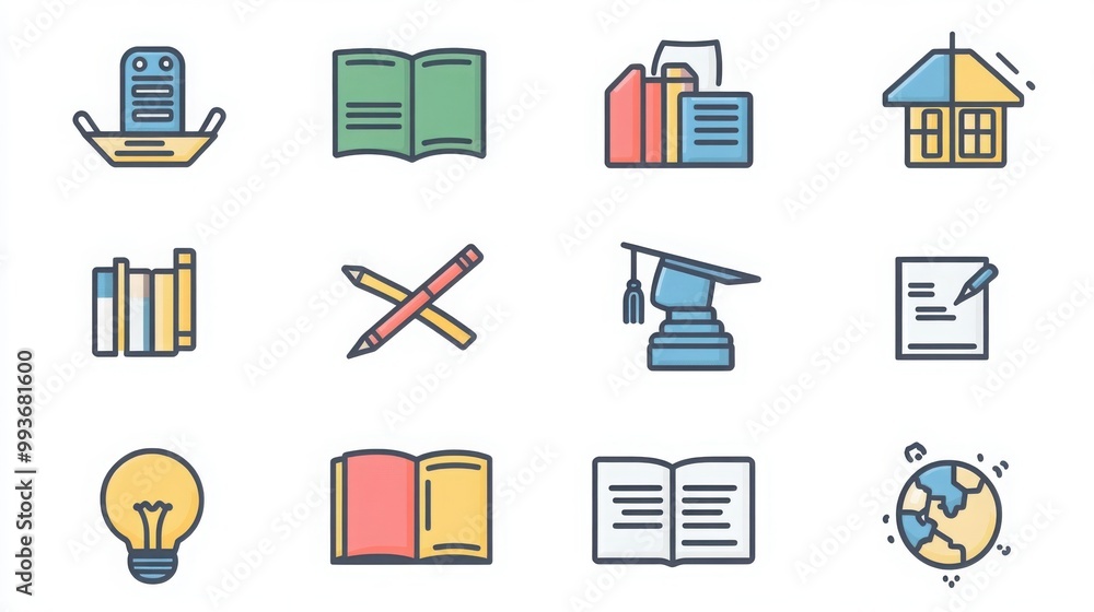 Education thin line icon set. Containing a graduation cap, open book, apple, pencil, ruler, chalkboard Education thin line icon set. Containing a graduation cap, open book, apple, pencil, ruler, chalkboard