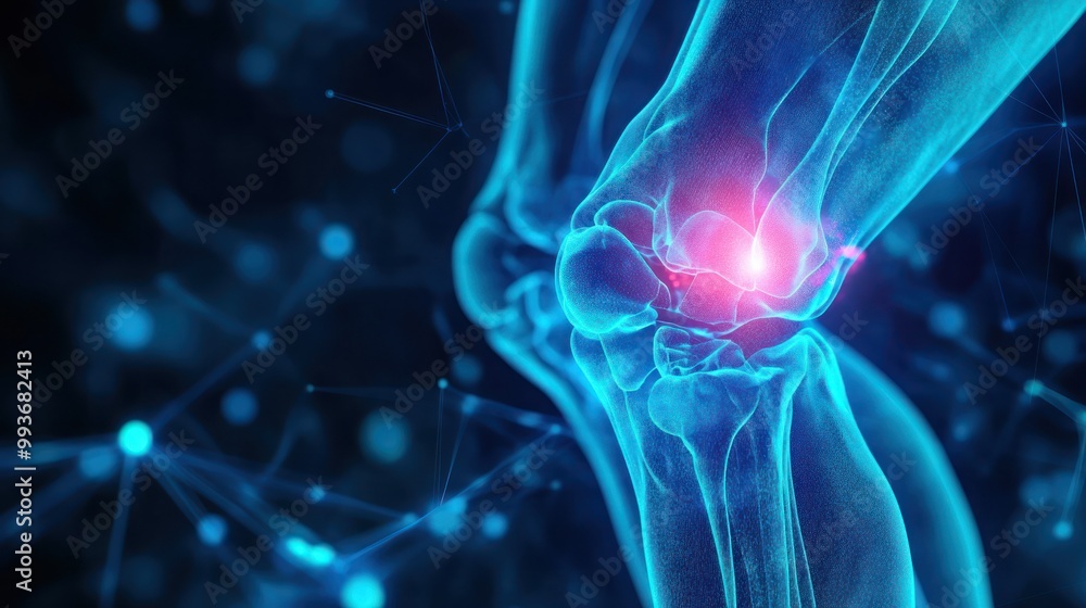 A digital representation of a human knee joint with highlighted pain area. A digital representation of a human knee joint with highlighted pain area.