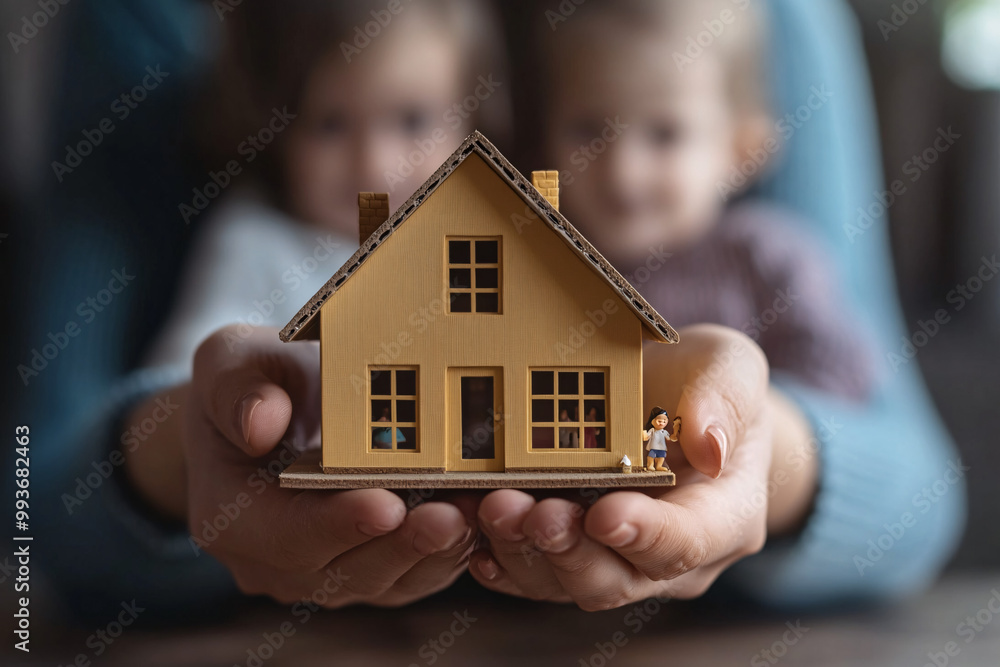 Hands holding a miniature house model with blurred children in the background representing family home safety and security Hands holding a miniature house model with blurred children in the background representing family home safety and security