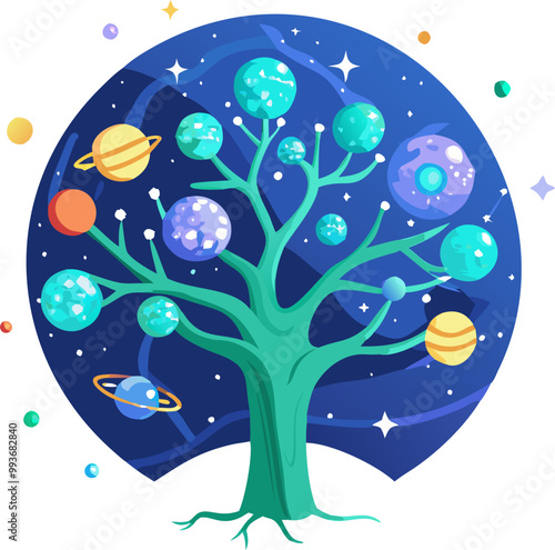 a cosmic tree of life towering majestically against a backdrop of swirling galaxies and stars, its