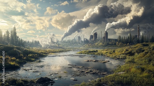 A dramatic scene of human impact on nature, contrasting polluted landscapes with untouched wilderness, highlighting the urgent need for environmental awareness in an evocative image