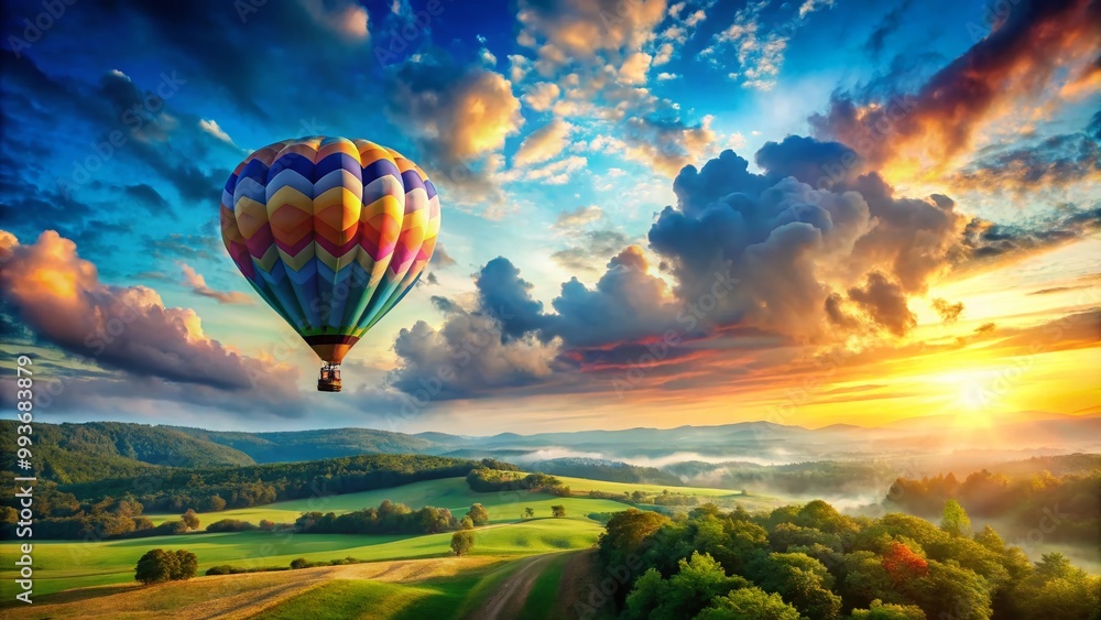 Fototapeta premium Vibrant Hot Air Balloon Watercolor Illustration in a Blue Sky with Soft Clouds and Scenic Landscape