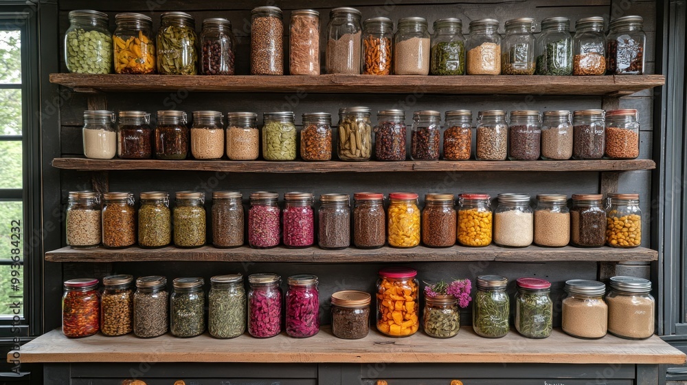 Glass Jars on Shelves with Dried Goods Glass Jars on Shelves with Dried Goods