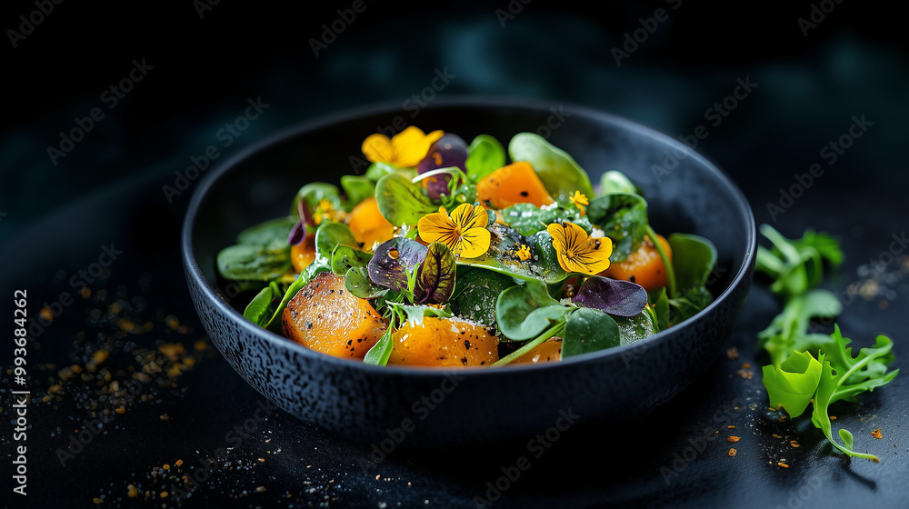 Healthy Salad Bowl with Roasted Pumpkin in Black Bowl, High Resolution Photography Created by Generative AI Healthy Salad Bowl with Roasted Pumpkin in Black Bowl, High Resolution Photography Created by Generative AI
