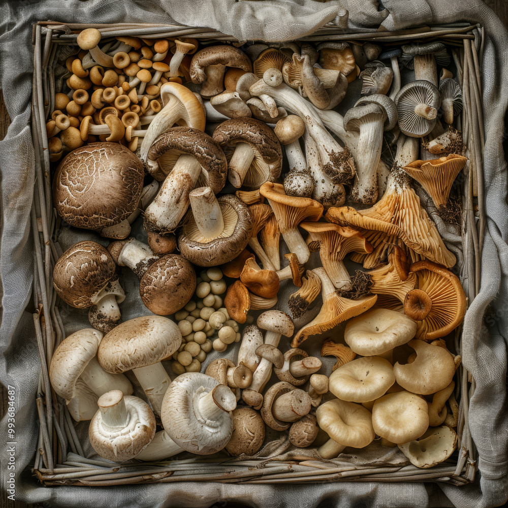 view from above; hyper-realistic photo; whole and sliced mixed mushrooms, whole and sliced champignons, whole and sliced porcini mushrooms; arranged mixed in a basket; soft light at the top left view from above; hyper-realistic photo; whole and sliced mixed mushrooms, whole and sliced champignons, whole and sliced porcini mushrooms; arranged mixed in a basket; soft light at the top left