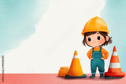 Child in construction gear with safety cones. photo