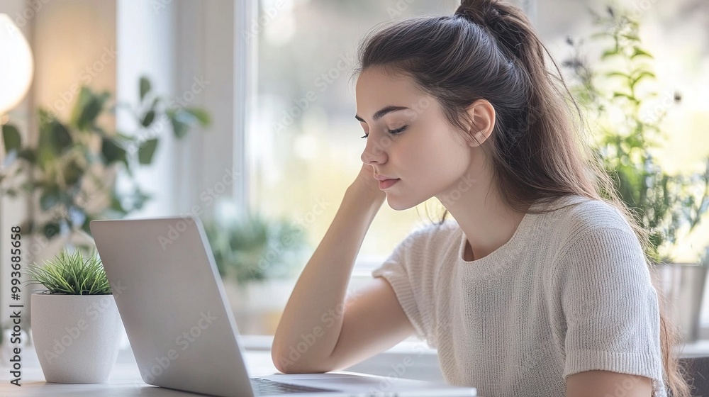 A young woman with long hair is thoughtfully working on a laptop at home, surrounded by plants and natural light, conveying concentration and serenity. A young woman with long hair is thoughtfully working on a laptop at home, surrounded by plants and natural light, conveying concentration and serenity.