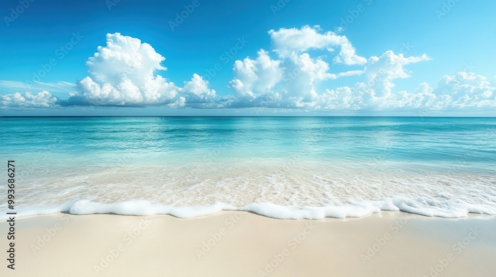A serene beach scene with gentle waves and fluffy clouds under a bright blue sky. A serene beach scene with gentle waves and fluffy clouds under a bright blue sky.
