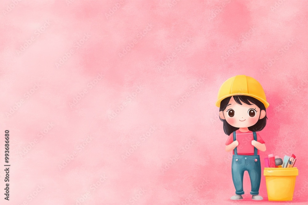 Cute cartoon girl with tools and bucket. Cute cartoon girl with tools and bucket.