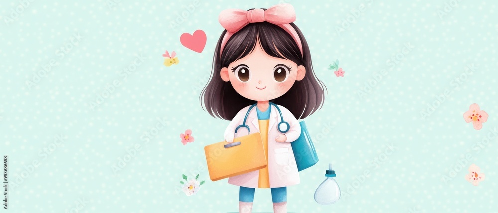 Cute girl doctor illustration, mint background Cute girl doctor illustration, mint background
