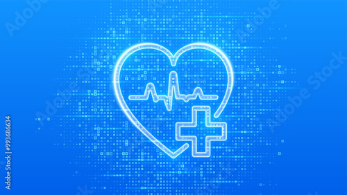Healthcare. Health insurance. Heart with cross and heartbeat icon. Health Care and Medical services banner. Blue medical background made with cross shape symbol. Vector illustration.