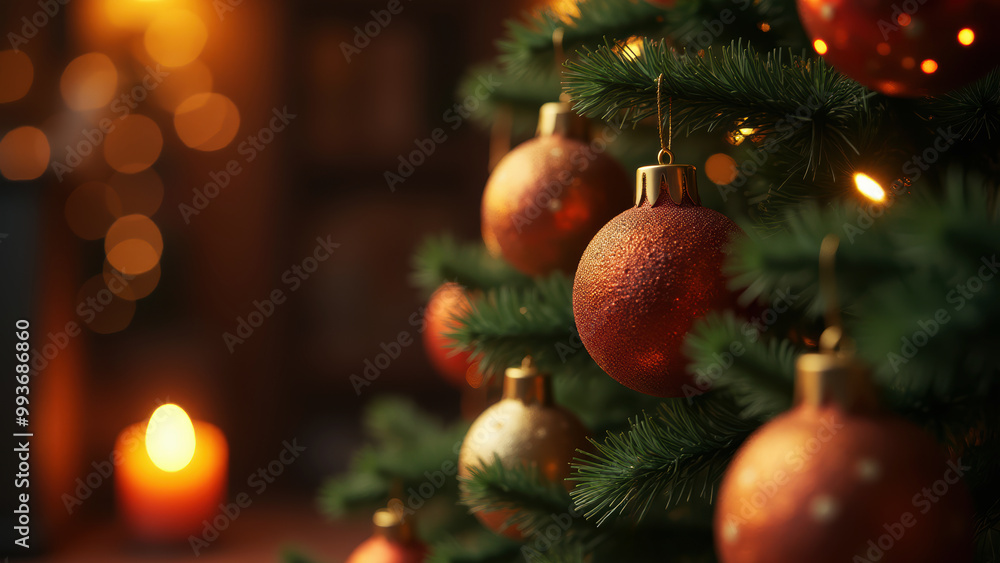 Christmas tree with red and gold ornaments and lighted candle against blurred background, Christmas tree with red and gold ornaments and lighted candle against blurred background,