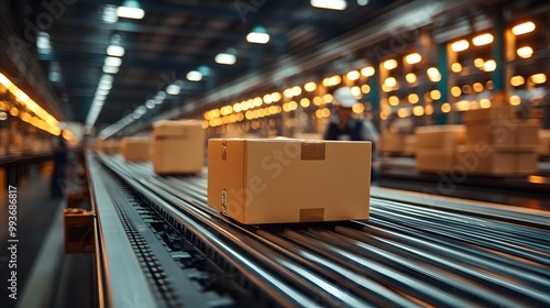 Parcel delivery system with workers sorting packages in a busy warehouse