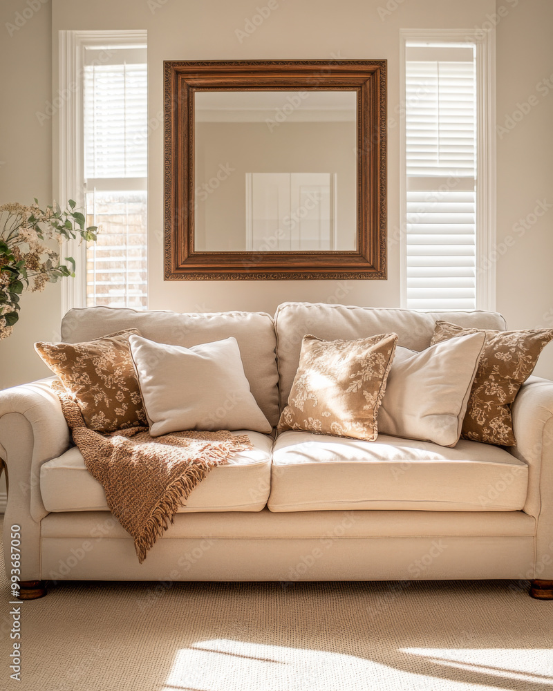 Fototapeta premium Cozy living room with a beige sofa adorned with brown throw pillows and a woven blanket illuminated by natural light
