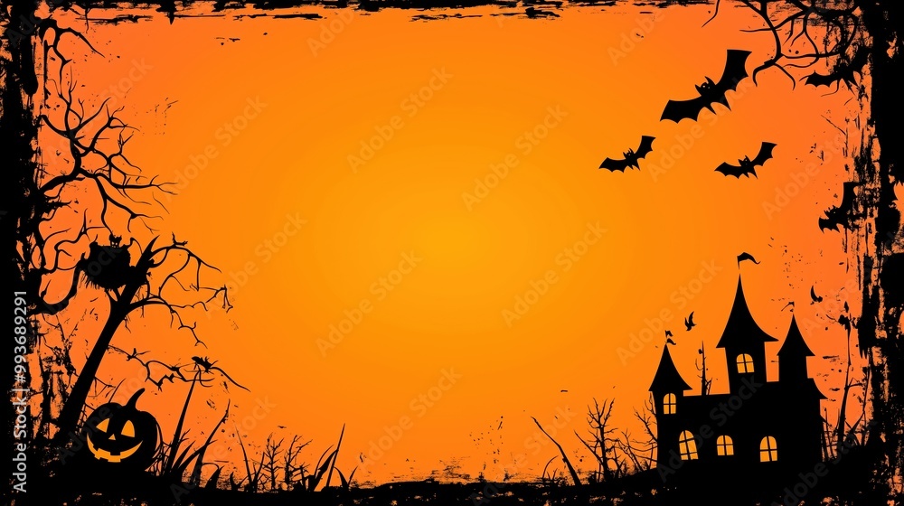 Spooky Halloween background with haunted house silhouette on the left and pumpkin, bat illustrations in the right corner. Orange and black vector illustration with grunge texture and rough edges, leav Spooky Halloween background with haunted house silhouette on the left and pumpkin, bat illustrations in the right corner. Orange and black vector illustration with grunge texture and rough edges, leav