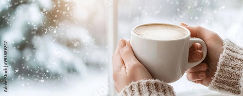 Warm cup of coffee held in hands by a window, snowflakes falling outside.