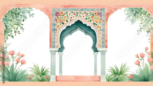 Traditional Mughal arch garden illustration for wedding invitation
