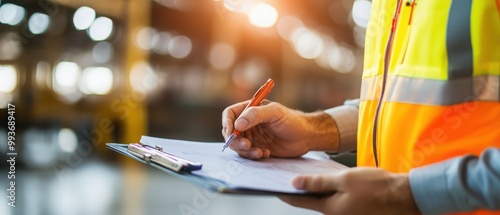 Worker in safety vest taking notes