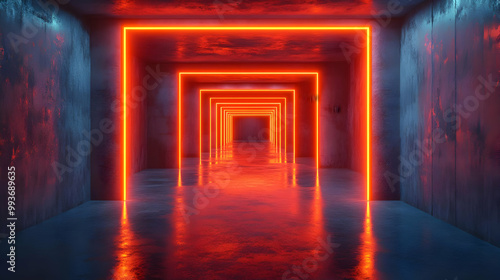 3D Neon Corridor With Orange Lights - Abstract Background