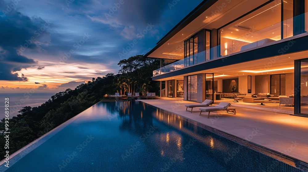 Stunning Luxury Villa with Panoramic Ocean View at Sunset. AI generated illustration Stunning Luxury Villa with Panoramic Ocean View at Sunset. AI generated illustration