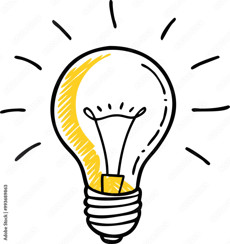 glowing light bulb in hand drawn style, icon glowing light bulb in hand drawn style, icon
