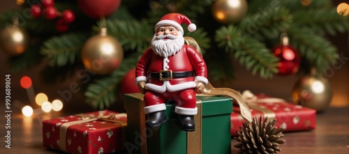 A photorealistic 3D portrait features Santa Claus with his signature red suit and hat sitting next to a festive gift box photo