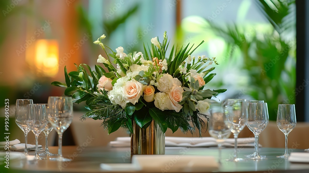 Elegant floral centerpiece with white roses, greenery, and gold vase on a table setting with wine glasses. Elegant floral centerpiece with white roses, greenery, and gold vase on a table setting with wine glasses.