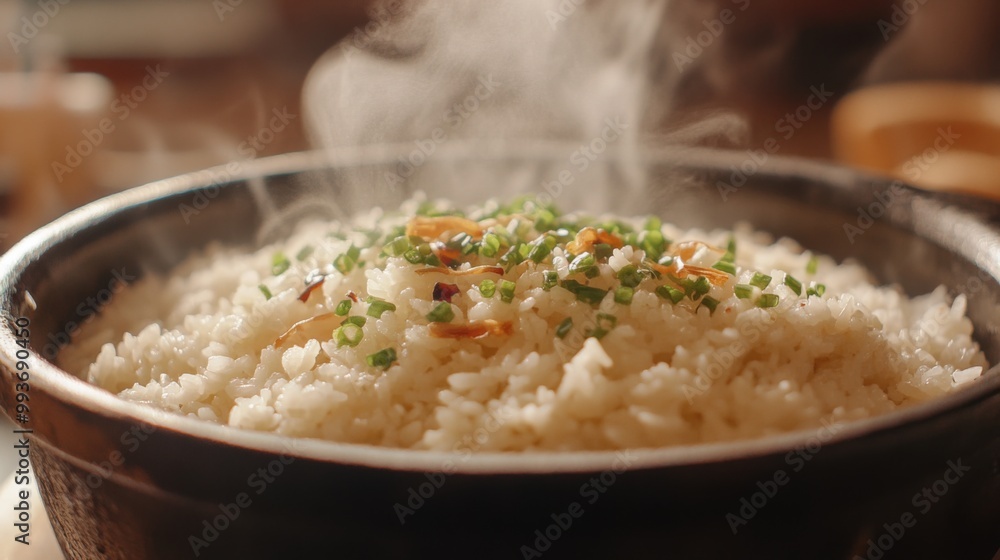 A close-up of a steaming bowl of freshly cooked with wisps of steam rising and grains perfectly fluffy, highlighting its inviting texture. A close-up of a steaming bowl of freshly cooked with wisps of steam rising and grains perfectly fluffy, highlighting its inviting texture.