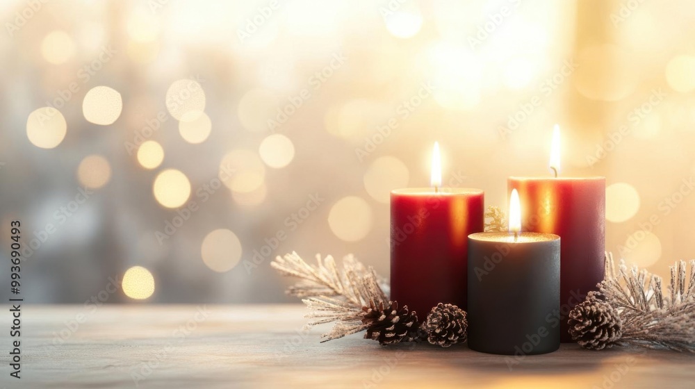 Warm ambiance created by three lit candles surrounded by festive decorations, perfect for holiday celebrations. Warm ambiance created by three lit candles surrounded by festive decorations, perfect for holiday celebrations.