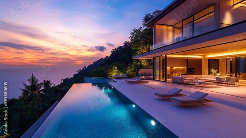 Stunning Luxury Villa with Panoramic Ocean View at Sunset. AI generated illustration