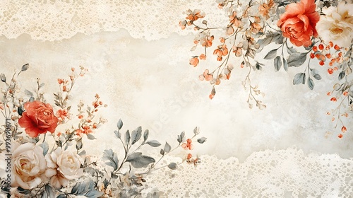 Vintage Floral Watercolor Background with Lace Border