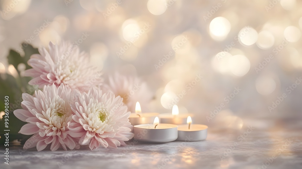 Elegant All Saints' Day Chrysanthemum and Candle Floral Arrangement on Soft Backdrop Elegant All Saints' Day Chrysanthemum and Candle Floral Arrangement on Soft Backdrop