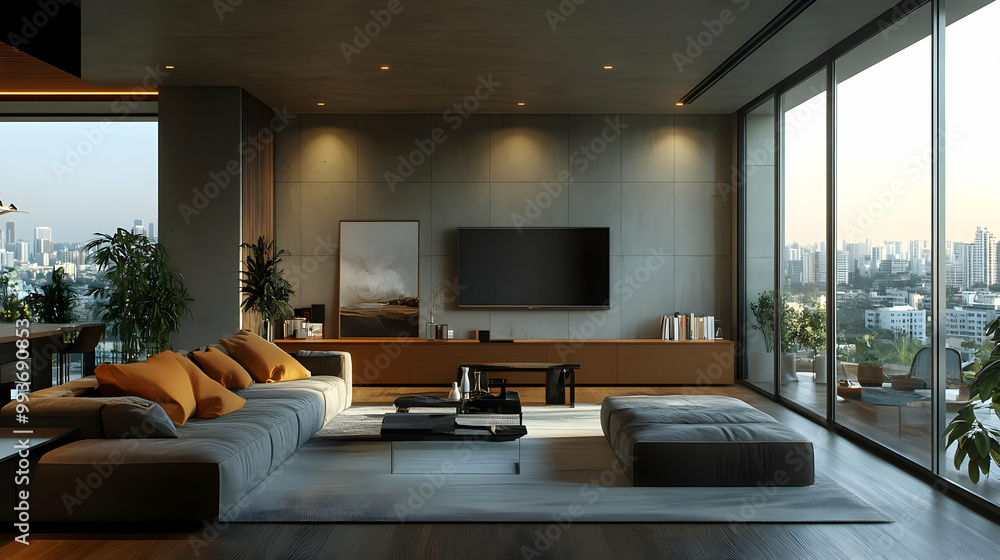 Fototapeta premium Modern Living Room Interior Design with City View 3D Illustration