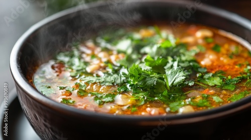 A close-up of a steaming bowl of soup featuring with vibrant broth and herbs, illustrating a comforting and healthy meal.