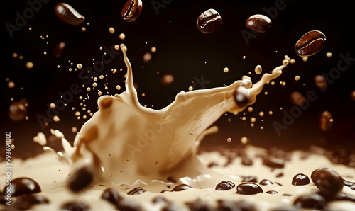 Milk coffee splash with Coffee Bean falling photo