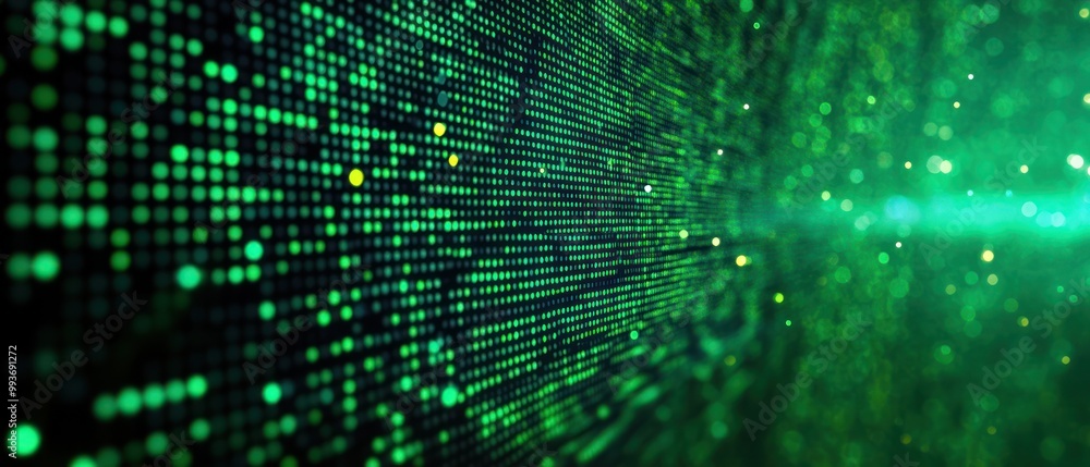 Abstract digital background featuring green data points and light effects. Abstract digital background featuring green data points and light effects.