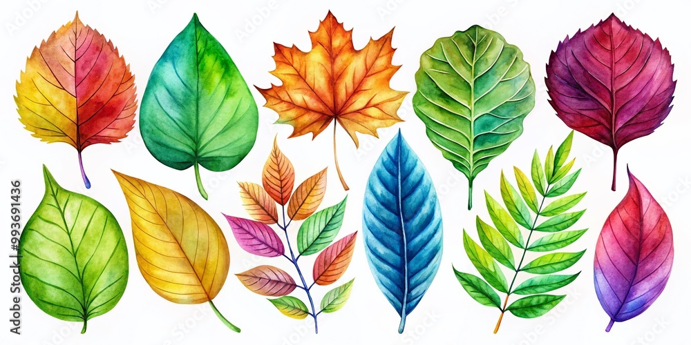 Obraz premium Vibrant Leaf Watercolor Clipart Collection for Nature Themed Design Projects and Crafts
