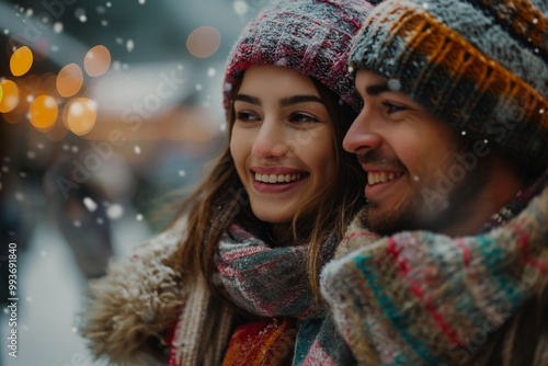 A couple smiles warmly as they enjoy a snowy day outdoors, bundled up in colorful scarves and hats. photo