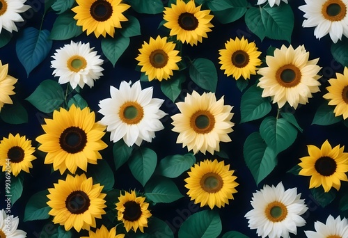 Colorful flowers and leaves on a dark blue background
