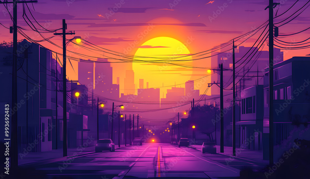 Urban Sunset with City Skyline and Street Lights - Vibrant Evening Illustration Design Urban Sunset with City Skyline and Street Lights - Vibrant Evening Illustration Design