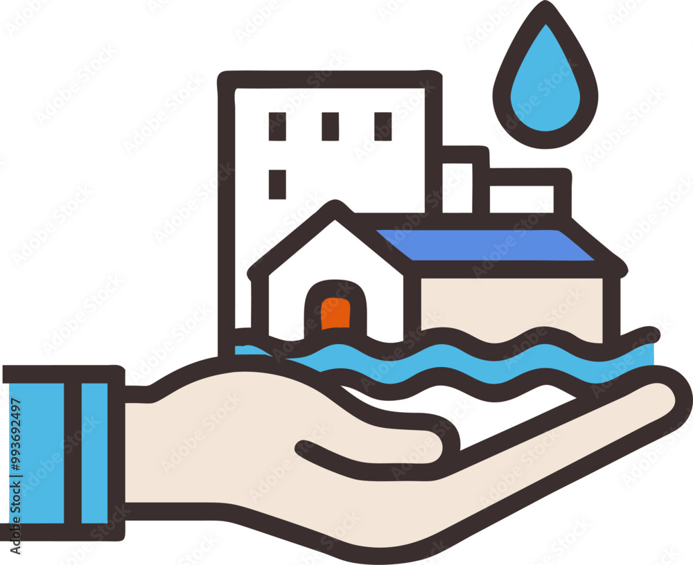 a single hand holding a water quality improvement facility that looks like a building, icon a single hand holding a water quality improvement facility that looks like a building, icon