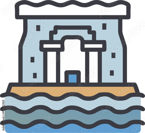 delipidated temple submerged under ground, icon